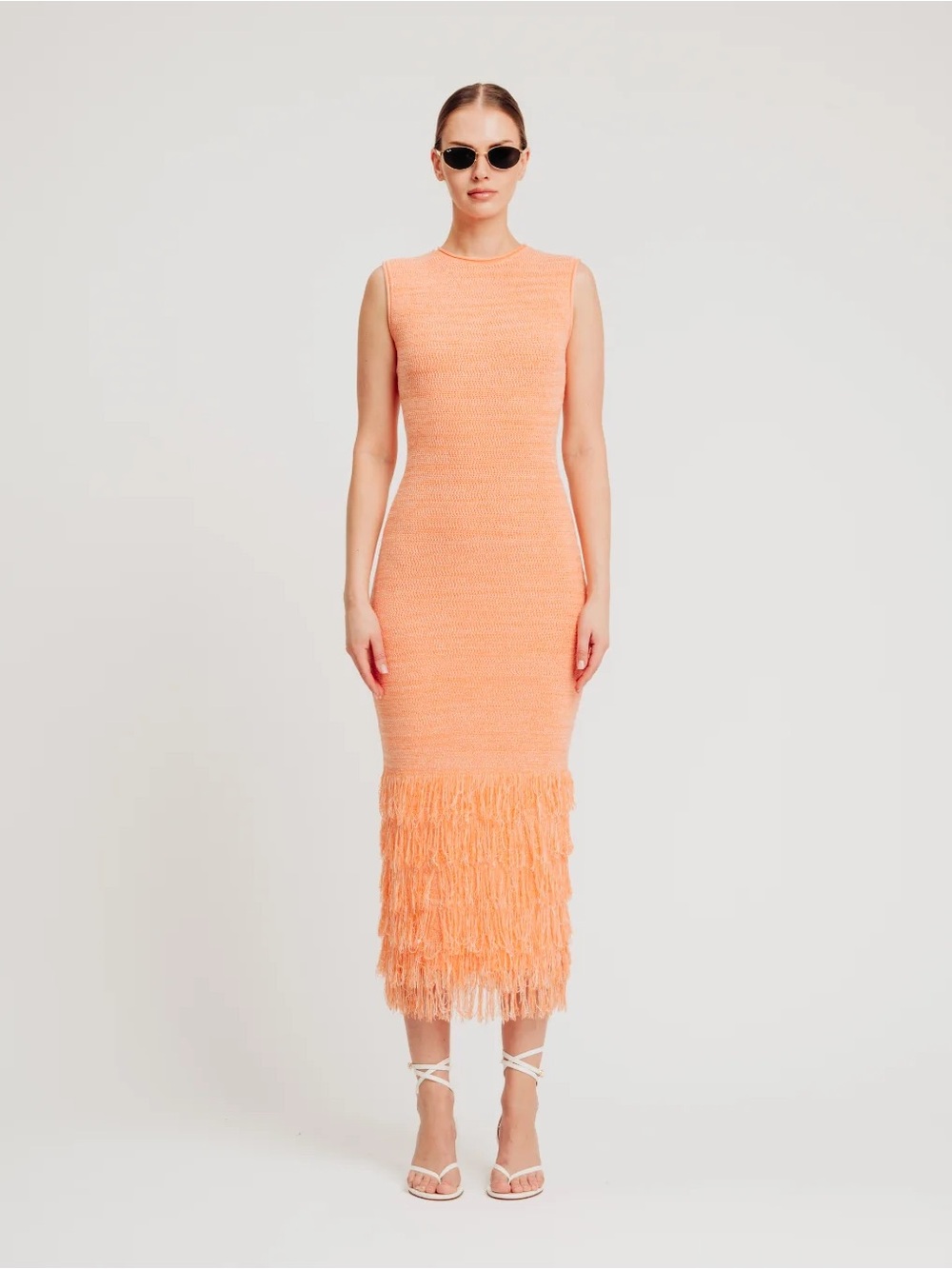 Torn by Ronny Kobo Orange Knit Fringe Midi Dress Size M